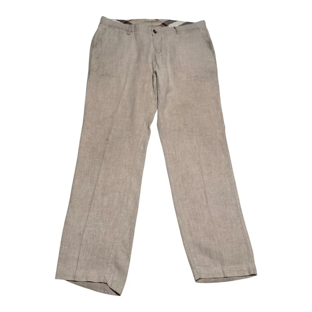 Burberry Brit Tan Straight Pleated Cotton Blend Pants Men's 38 FLAWS (38x31.25)‎
